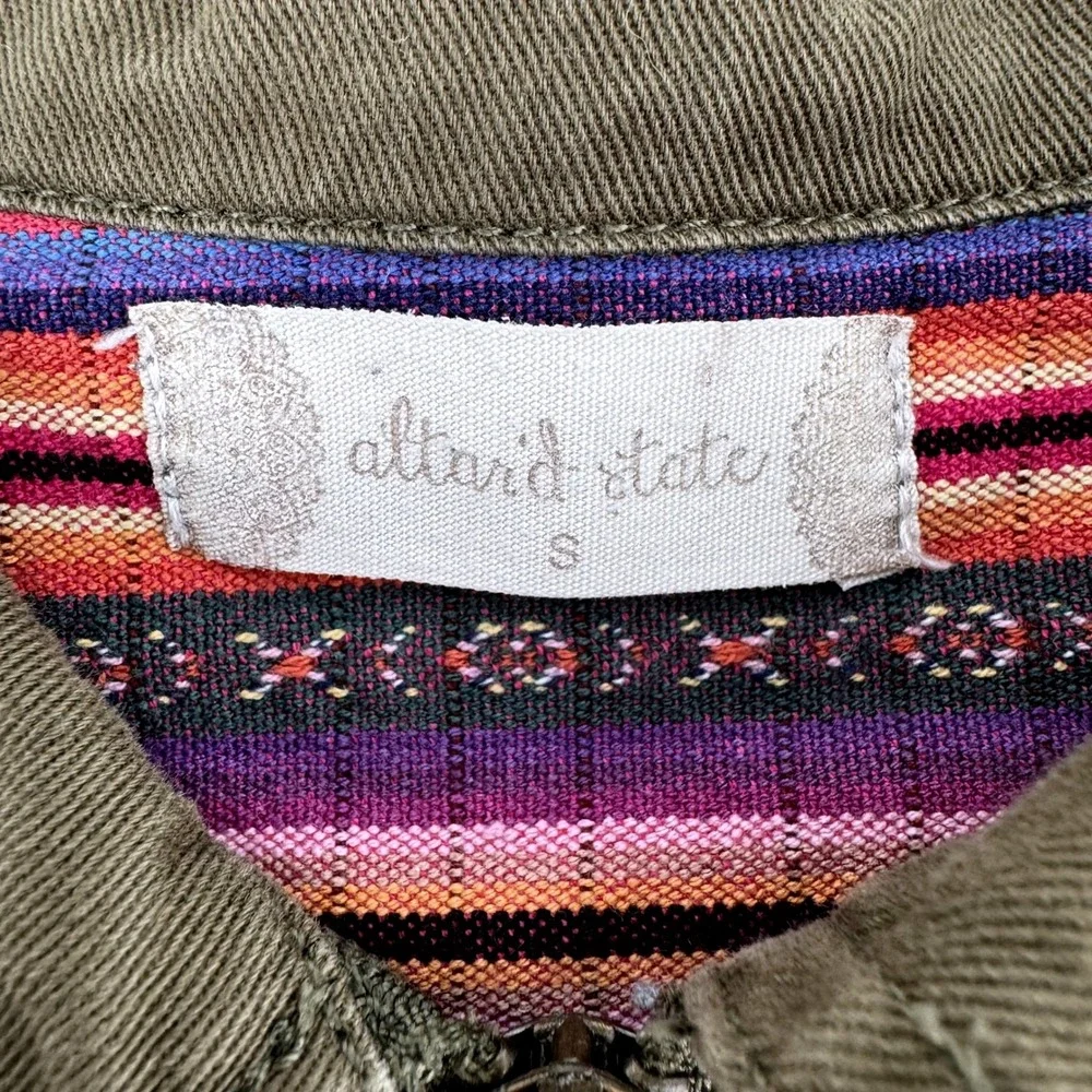 Altar'd State Utility Jacket Small Olive Military Green Serape Striped Trim Zip